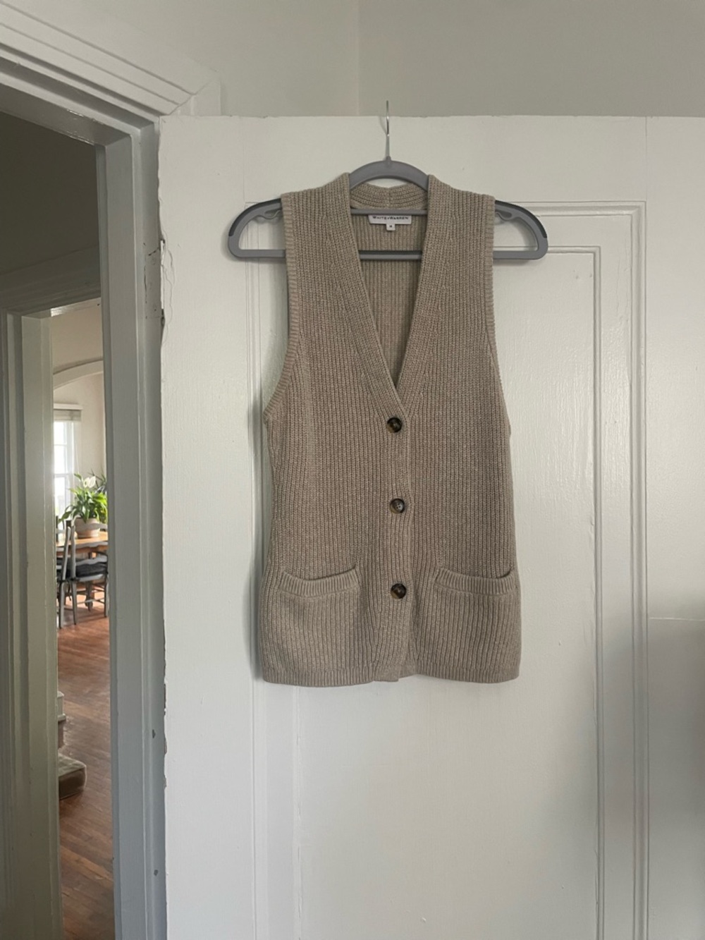 White and Warren Cotton Linen Ribbed Waistcoat in Flax (M)